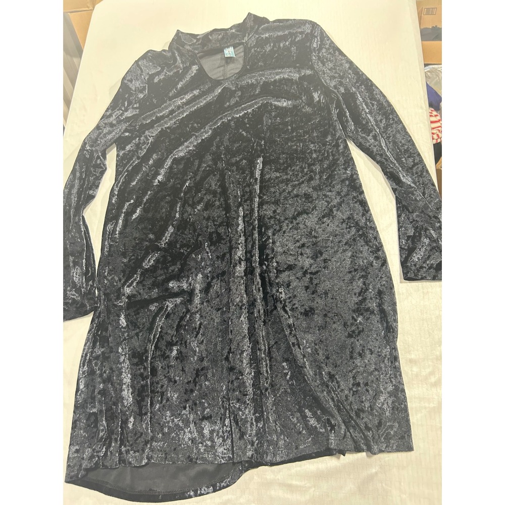 M-Fasis Black Crushed Velvet Long Sleeve Cutout Neck Mini Dress Large